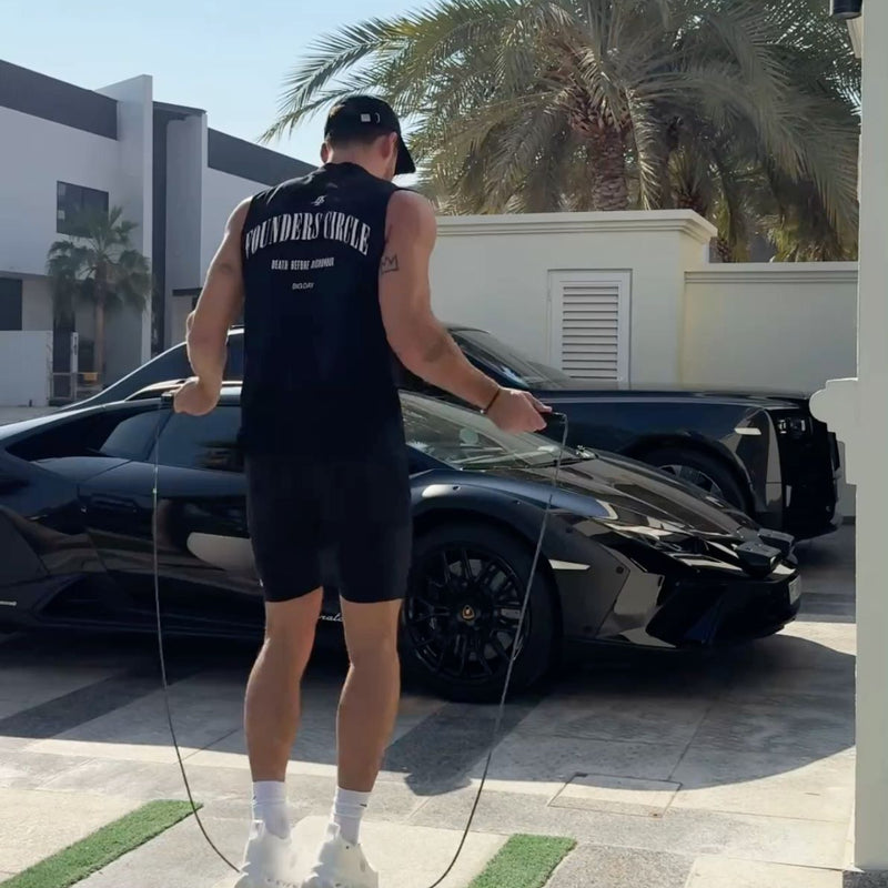 Man skipping ourside on driveway